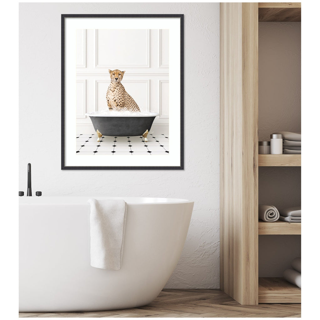 Cheetah in Classic Black and White Bathtub by Amy Peterson Framed Wall Art Print